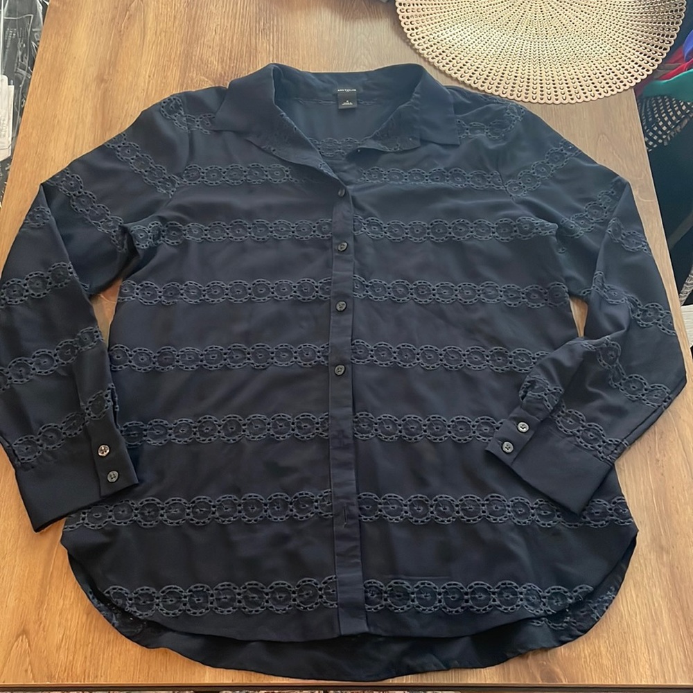 Ann Taylor Factory Navy Blue Eyelet Button Down Shirt
